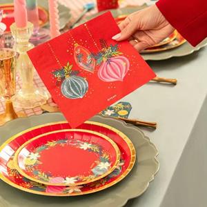 Guardanapos Vermelhos com Ornamentos Natalícios, 30 unid.