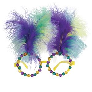 Óculos com Brilhantes e Plumas Multicolor