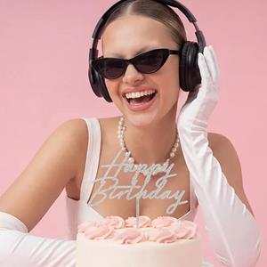 Topper Acrílico Happy Birthday Prateado com Glitter