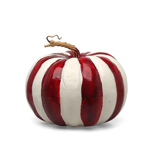 Abóbora às Riscas Vermelho e Branco Decorativa, 18 cm