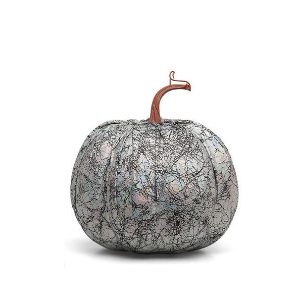 Abóbora Decorativa Prateada Iridescente com Detalhes Pretos, 16 cm