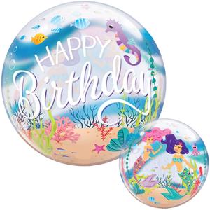 Balão Bubble Happy Birthday Sereias, 56 cm