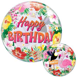 Balão Bubble Happy Birthday Tropical, 56 cm