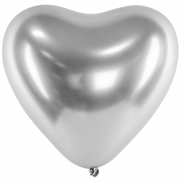 Balão Coração Cromado Prateado Látex, 30 cm
