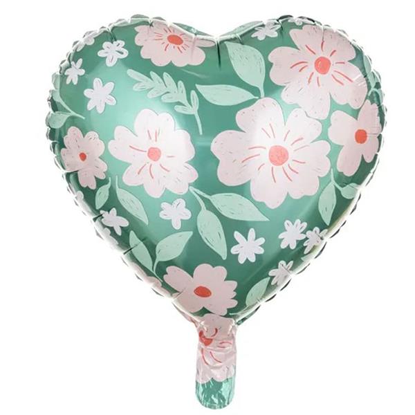 Balão Coração Verde com Flores Rosa Foil, 45 cm