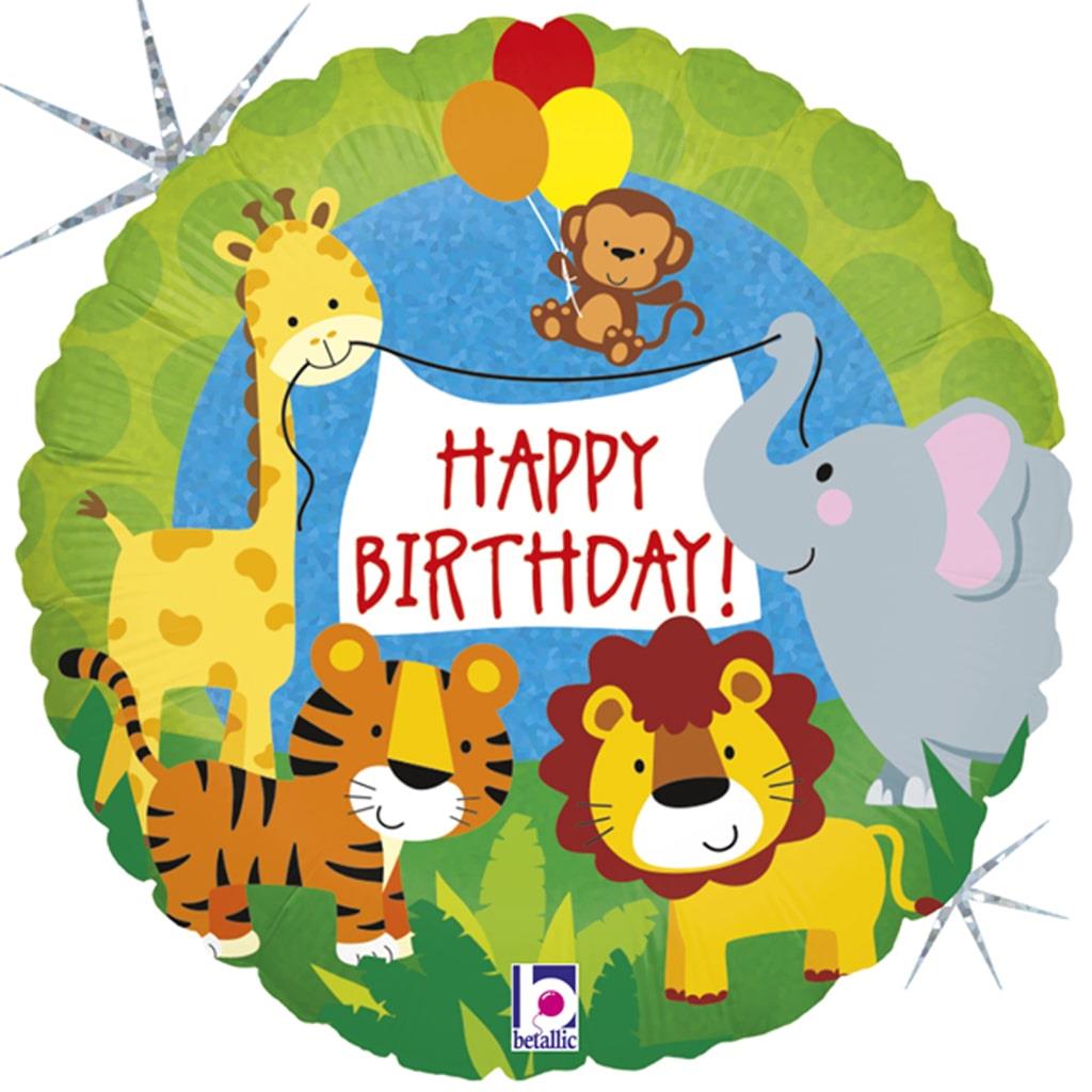 Balão Foil Happy Birthday Animais do Zoo, 46 cm