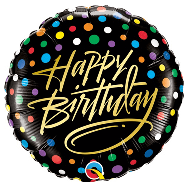 Balão Foil Happy Birthday Preto com Bolinhas, 46 cm