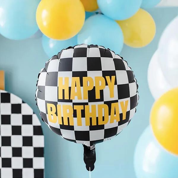 Balão Happy Birthday Corrida Xadrez Foil, 45 cm