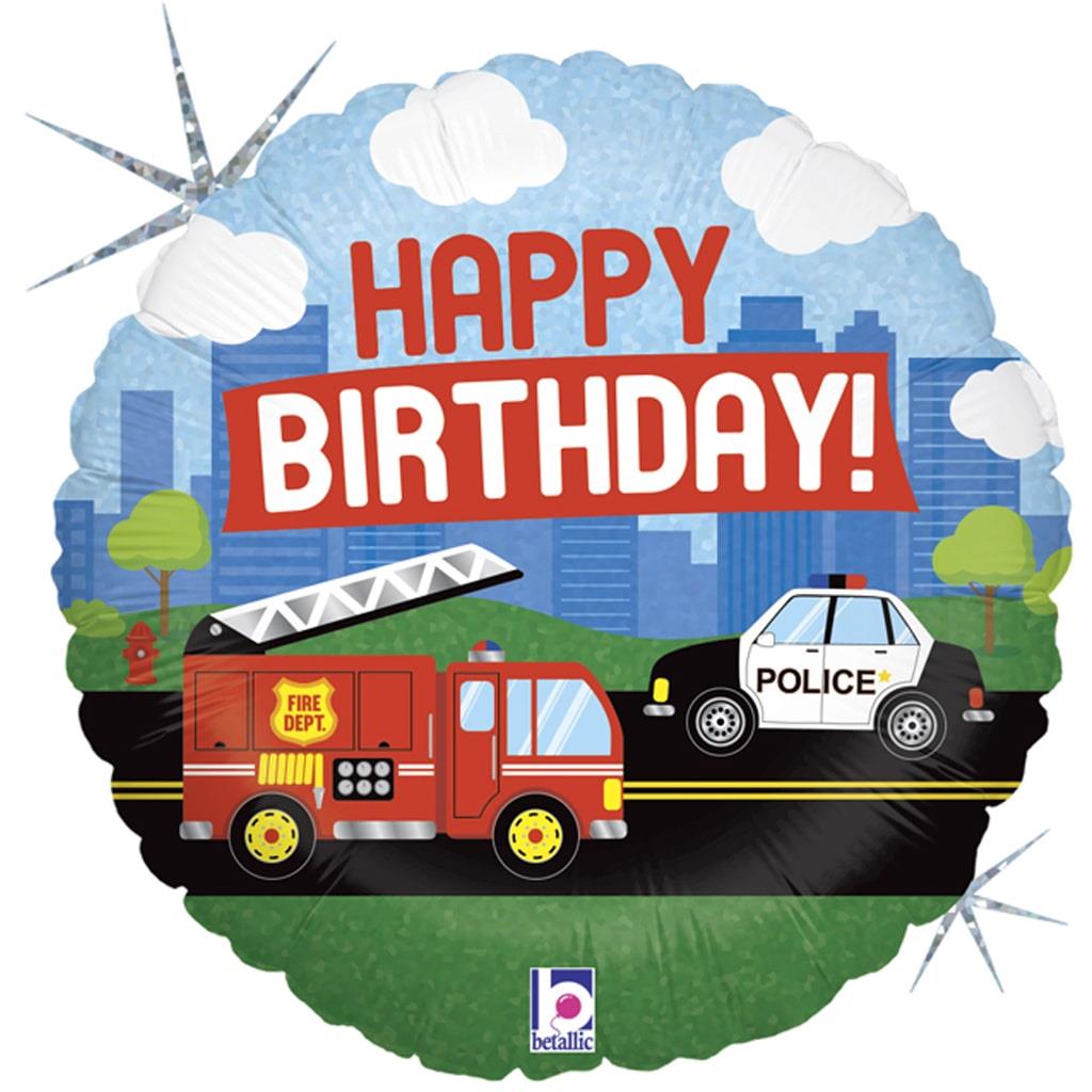 Balão Happy Birthday Veículos de Emergência Foil, 46 cm