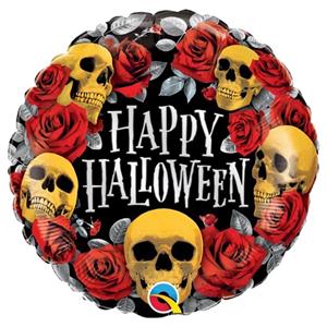 Balão Happy Halloween com Caveiras e Rosas Foil, 46 cm