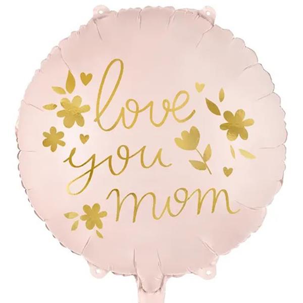 Balão Love You Mom Rosa com Flores Douradas Foil, 45 cm