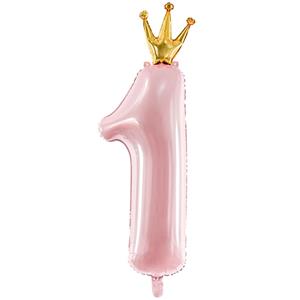 Balão Número 1 Rosa Claro com Coroa Dourada Foil, 90 cm