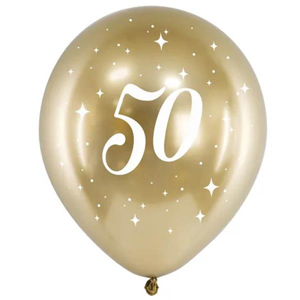 Balões 50 Anos Dourado com Estrelas Látex, 6 unid.