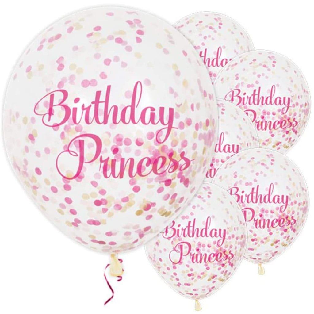 Balões Birthday Princess com Confetis Látex, 6 unid.