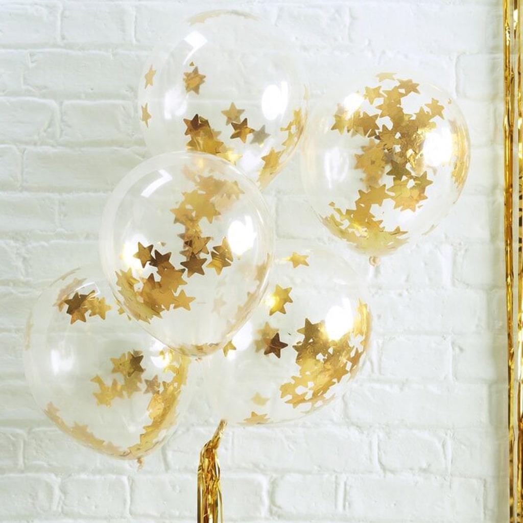 Balões com Confetis Estrelas Douradas Látex, 5 unid.