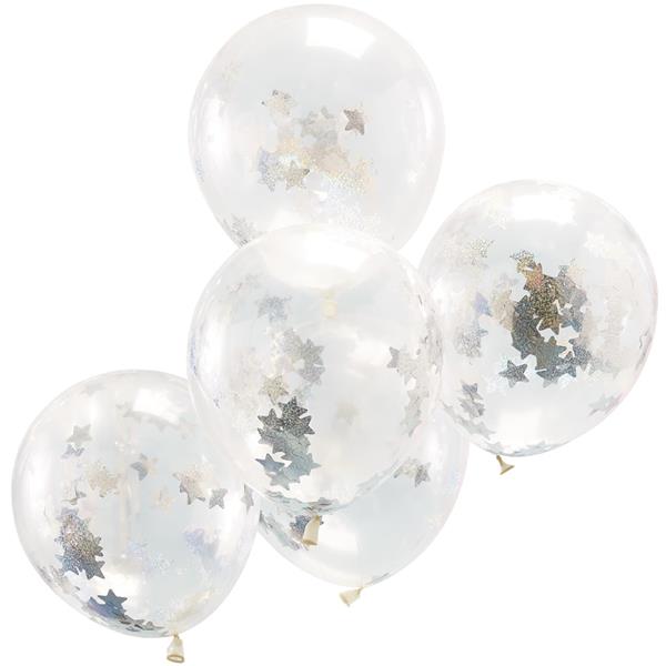 Balões com Confetis Estrelas Holográficas Látex, 5 unid.