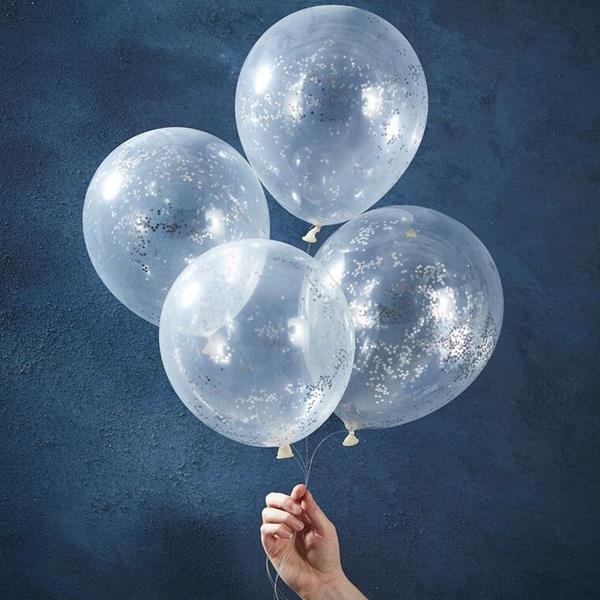 Balões com Confetis Prateados Latex, 5 unid.