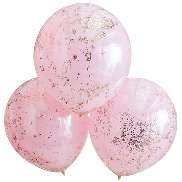 Balões Dupla Camada em Látex Rosa com Confetis, 3 unid.