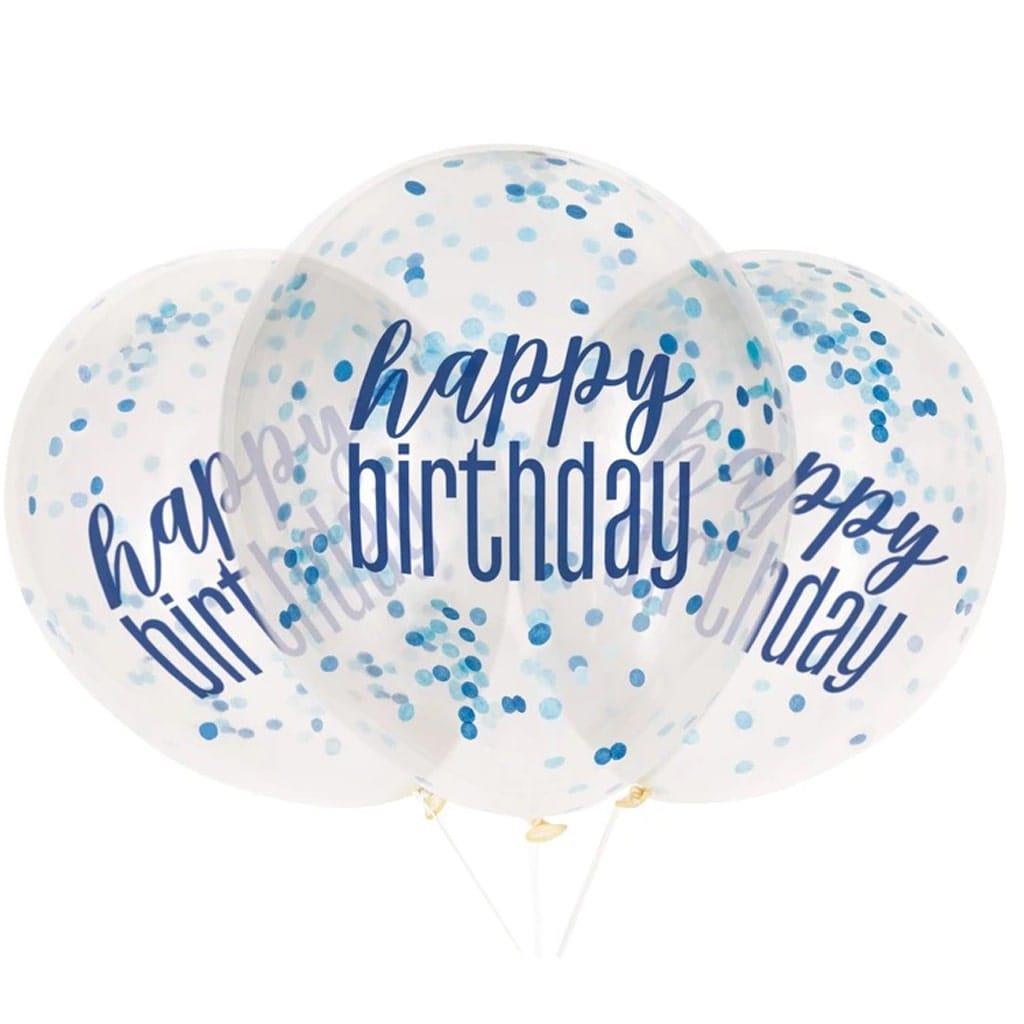 Balões Happy Birthday com Confetis Azul Látex, 6 unid.