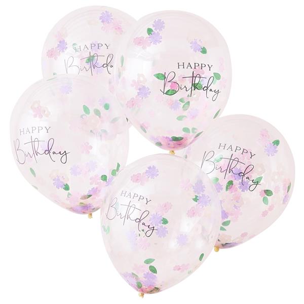 Balões Happy Birthday com Confetis Floral Látex, 5 unid.