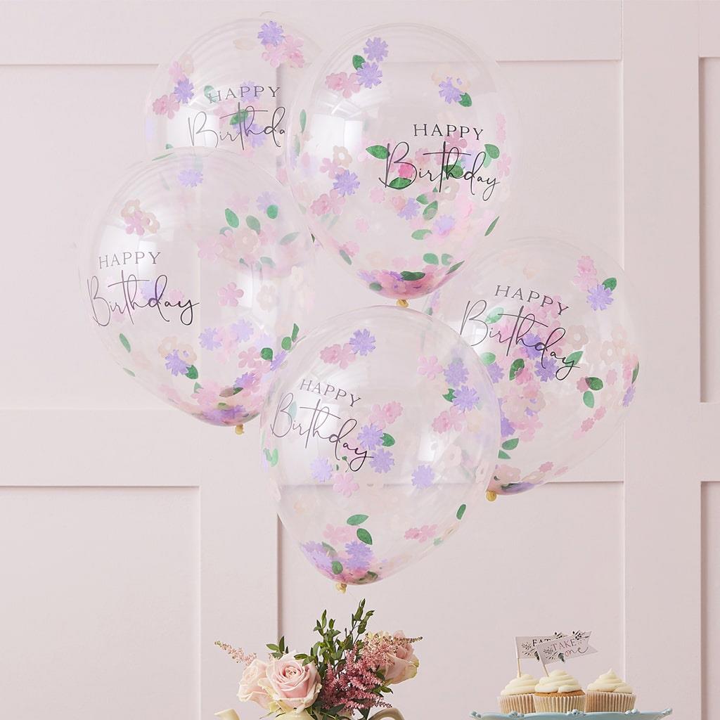Balões Happy Birthday com Confetis Floral Látex, 5 unid.