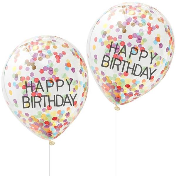 Balões Happy Birthday Com Confetis Multicor, 5 unid.