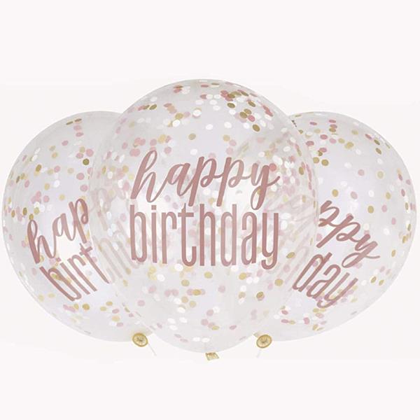 Balões Happy Birthday com Confetis Rosa Gold Látex, 6 unid.