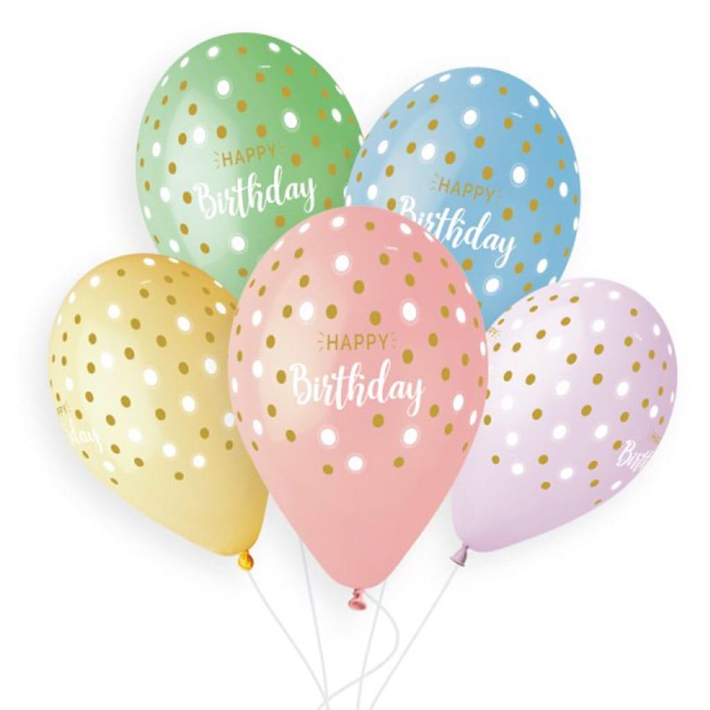 Balões Happy Birthday Multicolor com Bolinhas Látex, 5 unid. Balões Happy Birthday Multicolor com Bolinhas Látex, 5 unid.