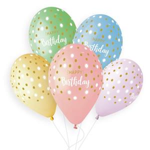 Balões Happy Birthday Multicolor com Bolinhas Látex, 5 unid. Balões Happy Birthday Multicolor com Bolinhas Látex, 5 unid.