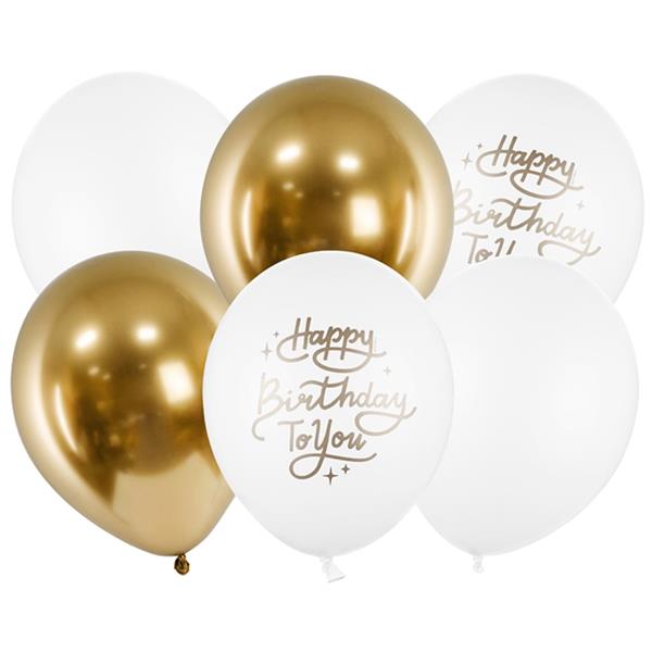 Balões Happy Birthday To You Branco e Dourado Látex, 6 unid.