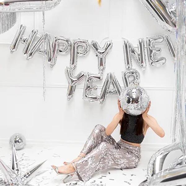 Balões Happy New Year Prateado Foil, 46 x 422 cm