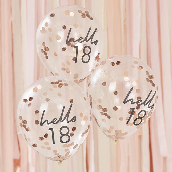 Balões Hello 18 com Confetis Rosa Gold Látex, 5 unid.