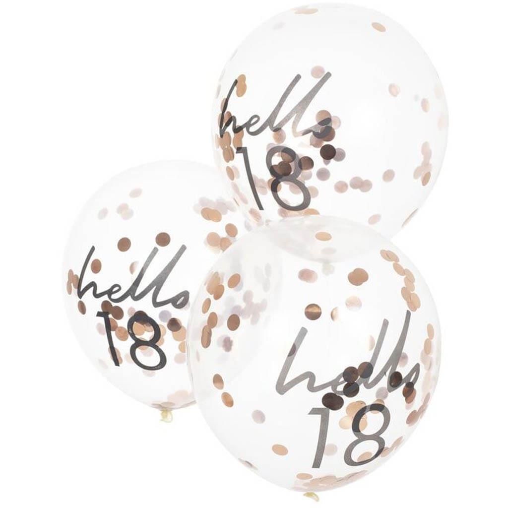 Balões Hello 18 com Confetis Rosa Gold Látex, 5 unid.