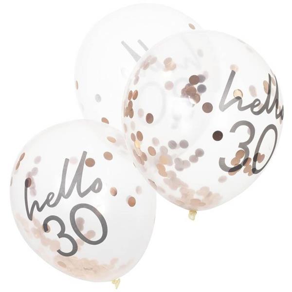 Balões Hello 30 com Confetis Rosa Gold Látex, 5 unid.