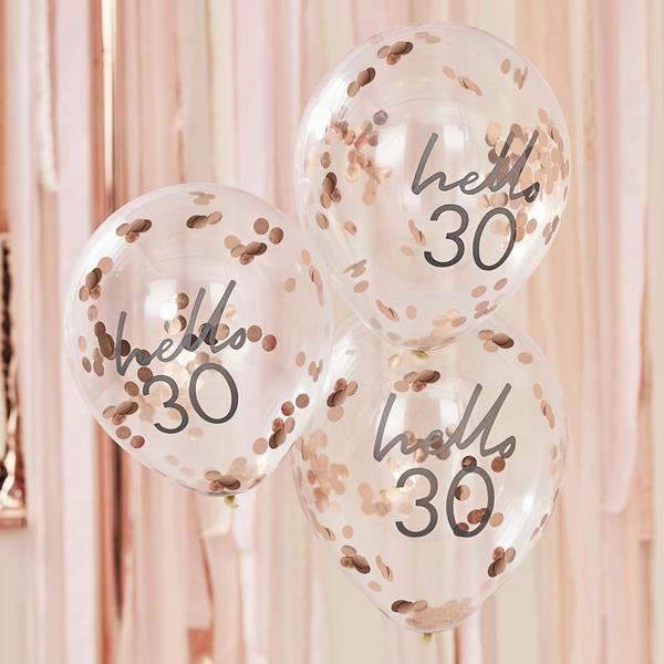Balões Hello 30 com Confetis Rosa Gold Látex, 5 unid.