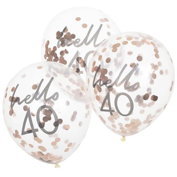 Balões Hello 40 com Confetis Rosa Gold Látex, 5 unid.
