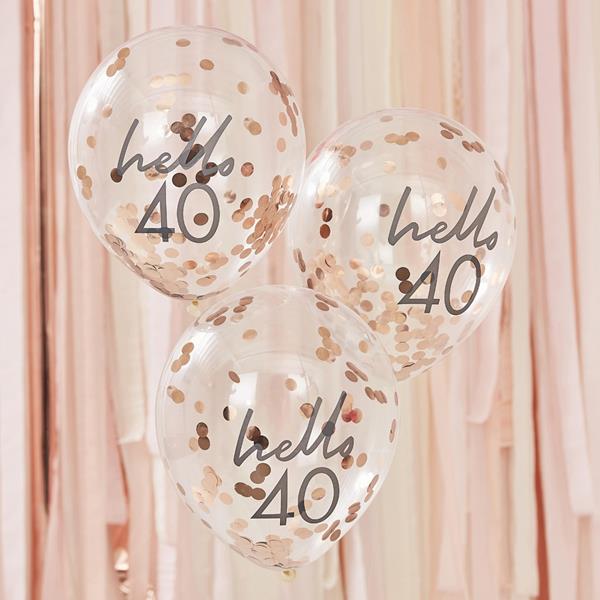 Balões Hello 40 com Confetis Rosa Gold Látex, 5 unid.