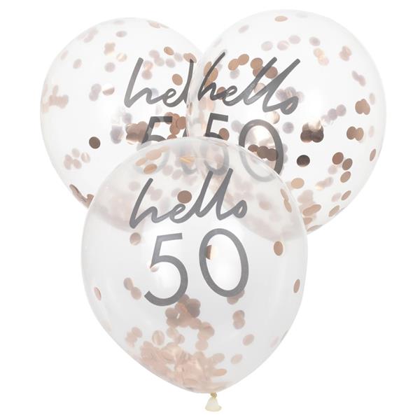 Balões Hello 50 com Confetis Rosa Gold Látex, 5 unid.