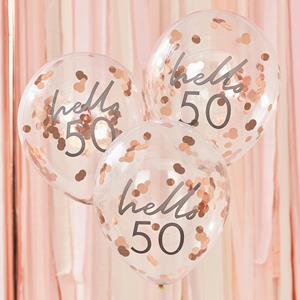 Balões Hello 50 com Confetis Rosa Gold Látex, 5 unid.