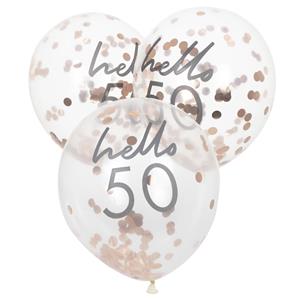 Balões Hello 50 com Confetis Rosa Gold Látex, 5 unid.