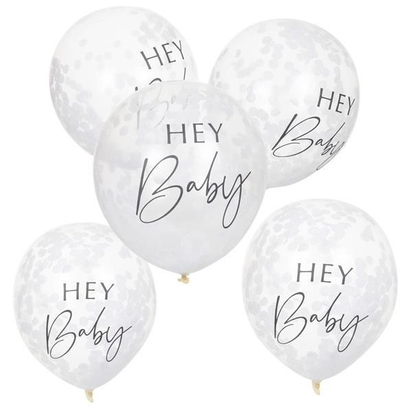 Balões Hey Baby com Confetis Brancos Látex, 5 unid.