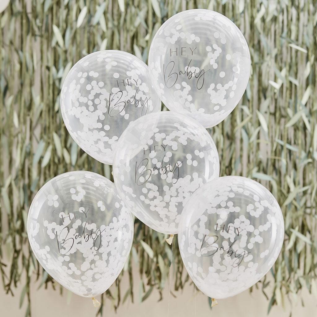 Balões Hey Baby com Confetis Brancos Látex, 5 unid.