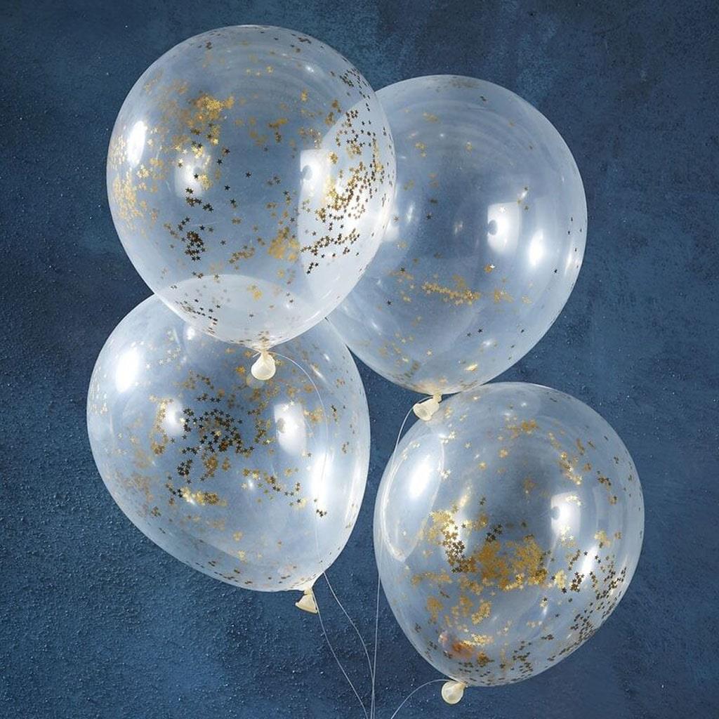 Balões Latex com Confetis Estrelas Douradas, 30 Cm, 5 Unid.