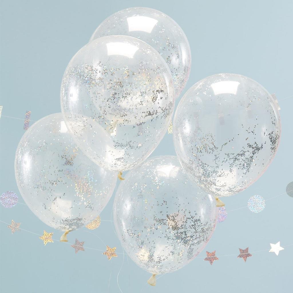 Balões Latex com Confetis Iridescentes, 30 Cm, 5 Unid.