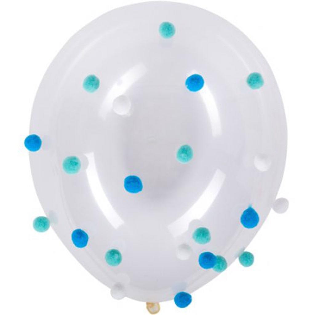 Balões Latex com Pompons Azul e Branco, 5 unid.
