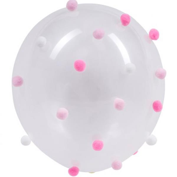 Balões Latex com Pompons Rosa e Branco, 5 unid.