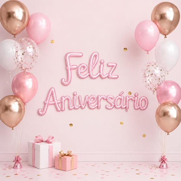 Balões Letras Feliz Aniversário Rosa Foil