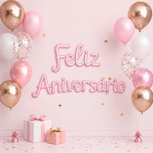 Balões Letras Feliz Aniversário Rosa Foil