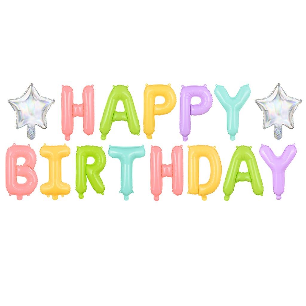 Balões Letras Happy Birthday Pastel com Estrelas Foil
