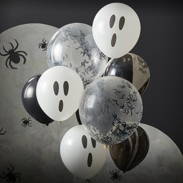 Balões Mármore Preto, Fantasmas e com Confetis Morcegos, 9 unid.